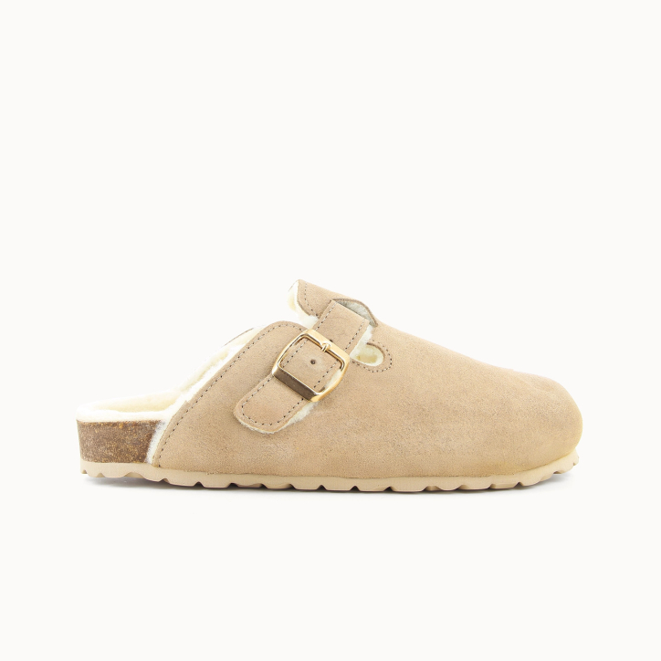 SALOMÉ women’s clog slipper in caffè latte leather, wool lined — side view | Soir & Matin