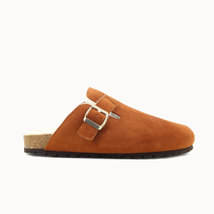 SALOMÉ women’s clog slipper in whisky leather, wool lined — side view | Soir & Matin