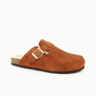 Chinelo soca mulher SALOMÉ pele whisky, forrado de lã — vista 3/4 | Soir & Matin