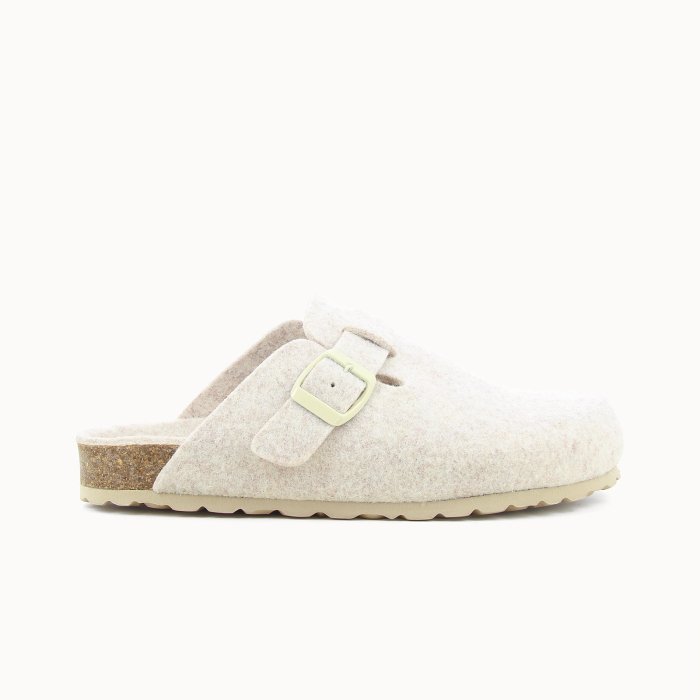 PEPPI women’s clog slipper in beige felted textile — side view | Soir & Matin