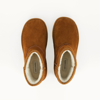 OKI women’s bootie slipper in whisky leather, wool lined — top view | Soir & Matin