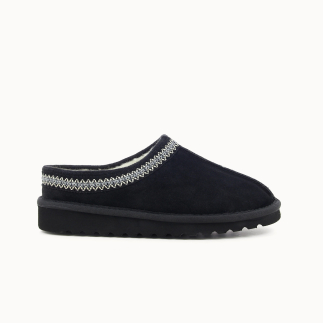 Chinelo mule mulher RÉVA pele preto, forrado de lã — vista de perfil | Soir & Matin