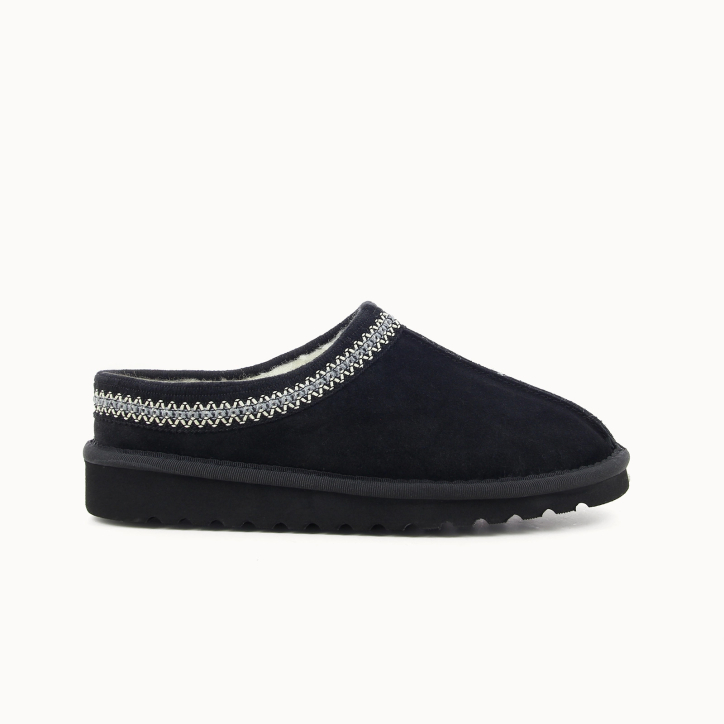 Chinelo mule mulher RÉVA pele preto, forrado de lã — vista de perfil | Soir & Matin