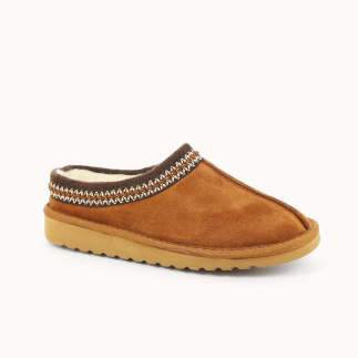 Damen-Pantolette RÉVA aus whiskyfarbenem Leder, mit Wolle gefüttert — 3/4-Ansicht | Soir & Matin