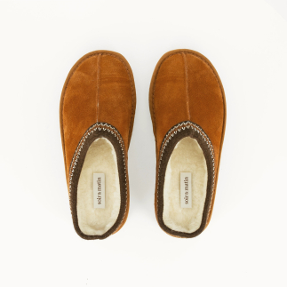 RÉVA women’s mule slipper in whisky leather, wool lined — top view | Soir & Matin