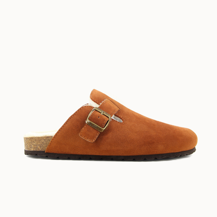 VALERIO men’s clog slipper in whisky leather, wool lined — side view | Soir & Matin