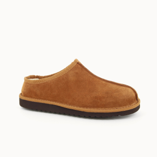 Chinelo homem MANU pele whisky, forrado de lã — vista 3/4 | Soir & Matin