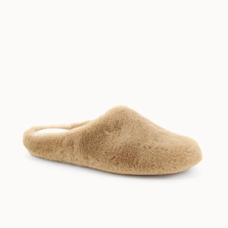 Chausson femme mule NEHA en textile fausse fourrure camel — vue de profil | Soir & Matin