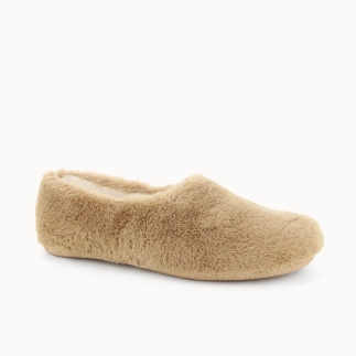 ROMANE women’s slipper in camel faux‑fur textile — side view | Soir & Matin