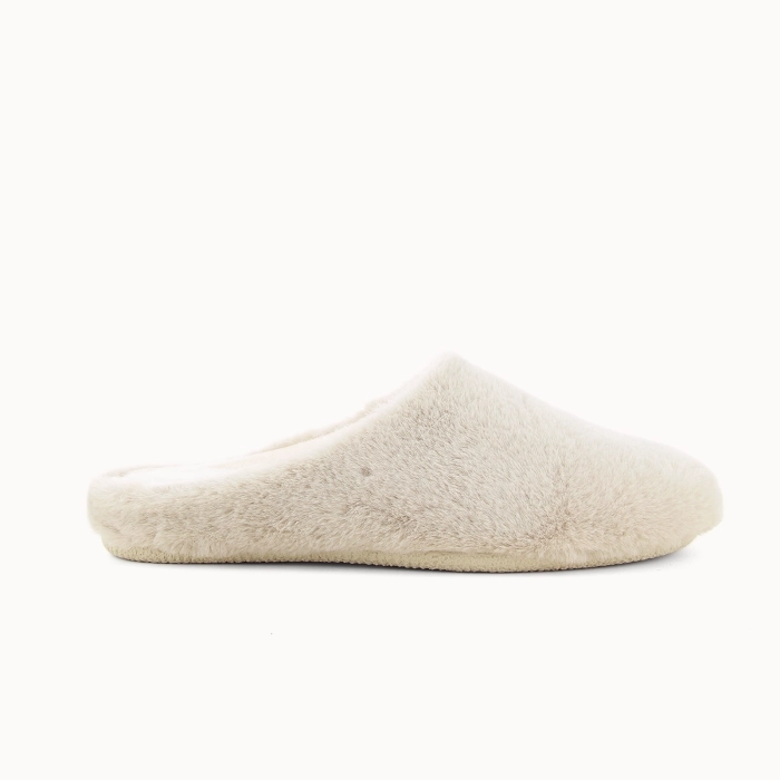 Chausson femme mule NEHA en textile fausse fourrure taupe — vue de profil | Soir & Matin