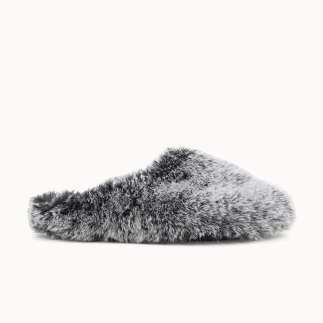 JOLENNE women’s mule slipper in black faux‑fur textile — side view | Soir & Matin