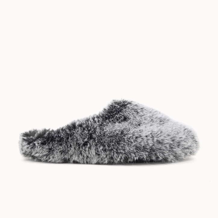 JOLENNE women’s mule slipper in black faux‑fur textile — side view | Soir & Matin