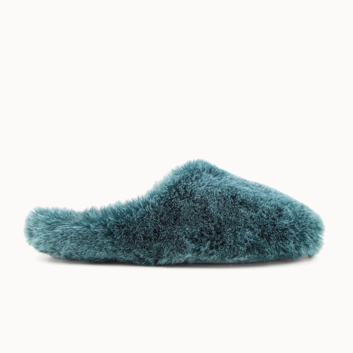 JOLENNE women’s mule slipper in teal faux‑fur textile — side view | Soir & Matin