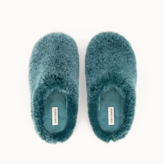 JOLENNE women’s mule slipper in teal faux-fur textile — top view | Soir & Matin