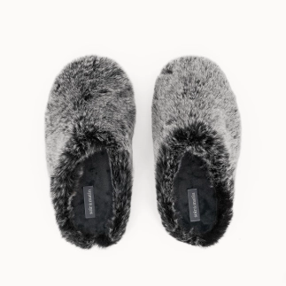 JOLENNE women’s mule slipper in black faux-fur textile — top view | Soir & Matin