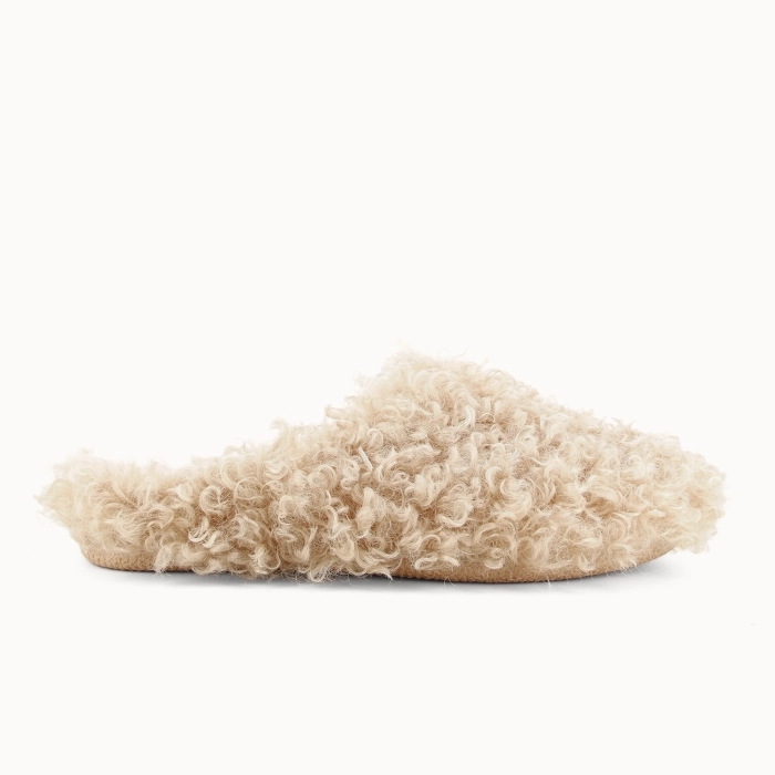 FRANCESCA women’s mule slipper in camel shearling fabric — side view | Soir & Matin