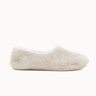 ROMANE women’s slipper in camel faux‑fur textile — side view | Soir & Matin