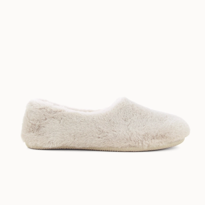 ROMANE women’s slipper in taupe faux‑fur textile — side view | Soir & Matin