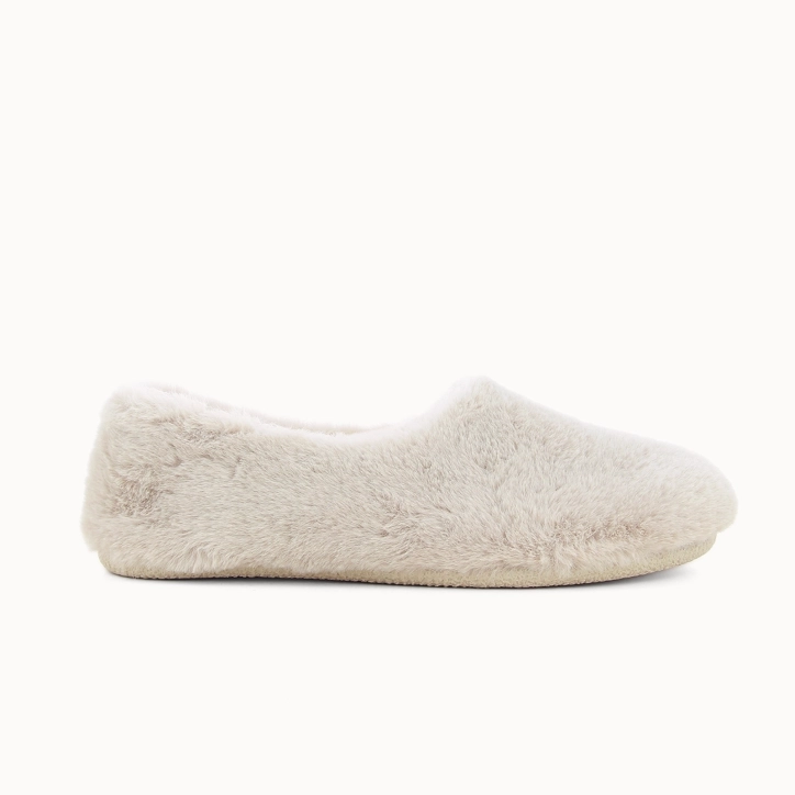 Chinelo mulher ROMANE em têxtil de pelo sintético taupe — vista de perfil | Soir & Matin