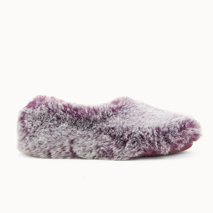 BIBI women’s slipper in plum faux‑fur textile — side view | Soir & Matin
