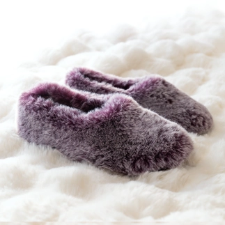 Women’s slippers BIBI in plum long hair faux fur fabric — handmade in Spain | Soir & Matin