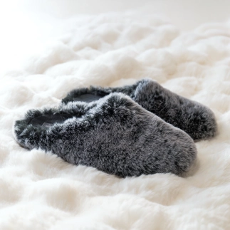Women’s mule slippers JOLENNE in black long hair faux fur fabric — handmade in Spain | Soir & Matin
