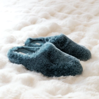 Women’s mule slippers JOLENNE in teal long hair faux fur fabric — handmade in Spain | Soir & Matin